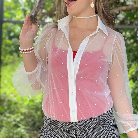 NWT Pearls Sheer-Balloon Sleeves Top - Picture 5 of 5